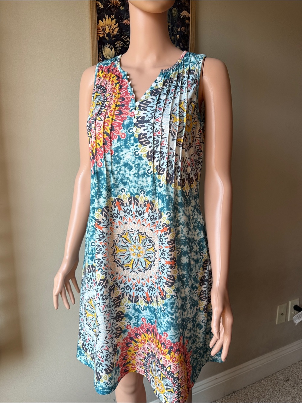 Sleeveless Teal Medallion Print Swim Cover-Up Dress